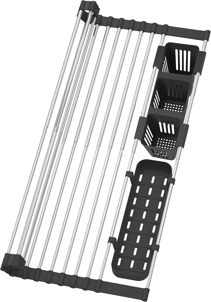 Black Expandable Roll Up Dish Drying Rack Up to 22.8''with 2 Storage Baskets,Over The Sink Kitchen Rolling up Dish Drainer Drying Rack , Foldable,Rollable,for Kitchen Dishes(Expandable Width Size)