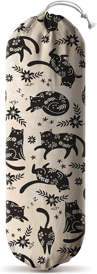 Hglian Black Cat Plastic Grocery Bag Holder,Cute Vintage Flowers Plastic Shopping Bags Organizer Storage Keeper for Kitchen,House Warming Gifts for Women Cat Lover