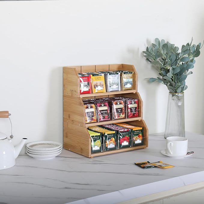 3 Layer Stackable Bamboo Tea Bag Organizer Storage Holder for Tea Bags Wood Tea Box Containers Tea Rack Teabag Station Stand for Cabinet Countertop Office(Patented Design)