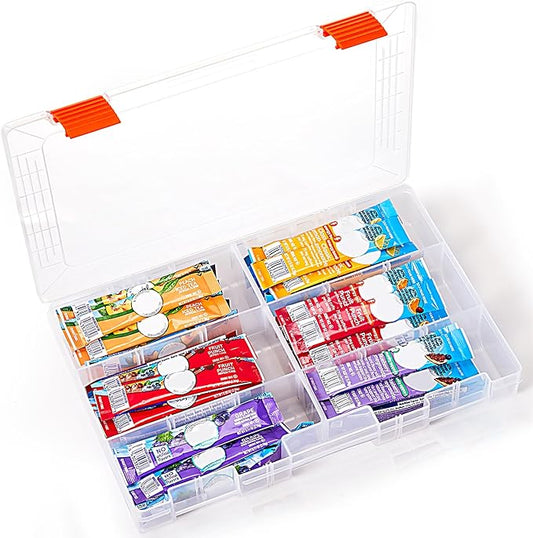 MIMORE Drink Packet Organizer - Water Drink Packet Holder with Lid - Stackable Water Packet Organizer for Drawer, Cabinet or Pantry - Removable Divider