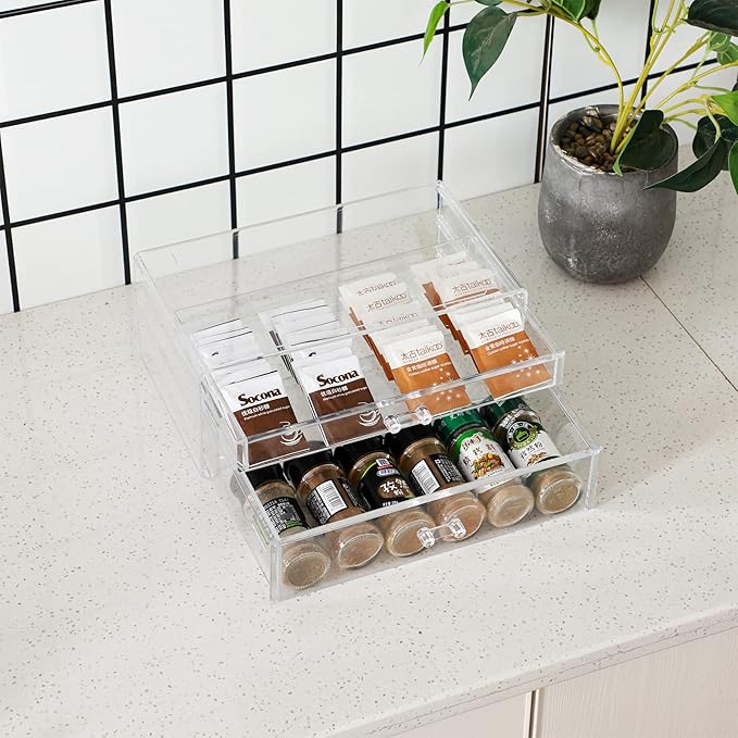 Cq acrylic Clear acrylic organizers Countertop,2 Large Drawers stackable storage bins,clear storage bins for Vanity Jewelry,Hair Accessory,Beauty,Skin Care,Skincare Product stackable storage drawers