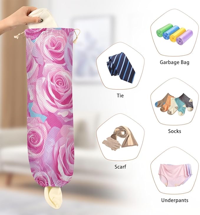 Plastic Bag Holder Wall Mount Grocery Bag Shopping Bag Storage Holder Organizer Dispenser with Adhesive Hook,for Kitchen Bathroom Home Decor 9x22 Inches Watercolor Roses Pink29