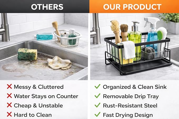 Kitchen Sink Caddy Organizer, Carbon Steel Sponge Holder with Removable Drip Tray, Countertop Storage Rack