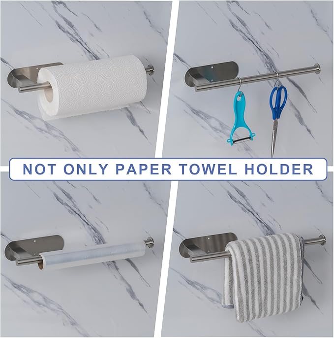 Paper Towel Holder, Upgrade SUS304 Stainless Steel Paper Towel Holder Under Cabinet, Bend-Resistant, Self-Adhesive or Drill mounting (Silver)