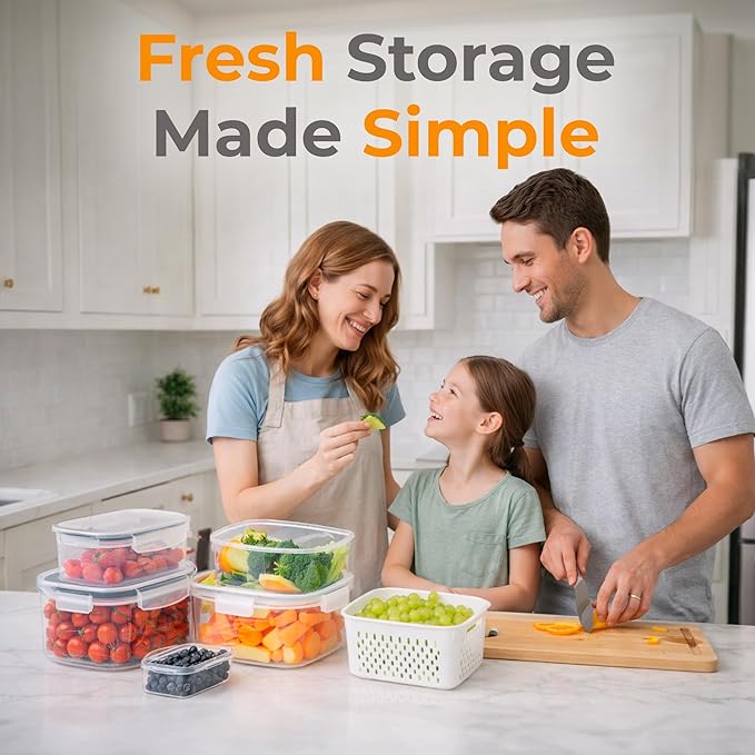 Fruit Storage Containers for Fridge - 3 Pack Food Refrigerator Organizer Basket Bins Set with Vent Lids and Removable Colander, Fruits, Produce, Vegetables, Salad, Lettuce, Berries, Saver Fresh Keeper