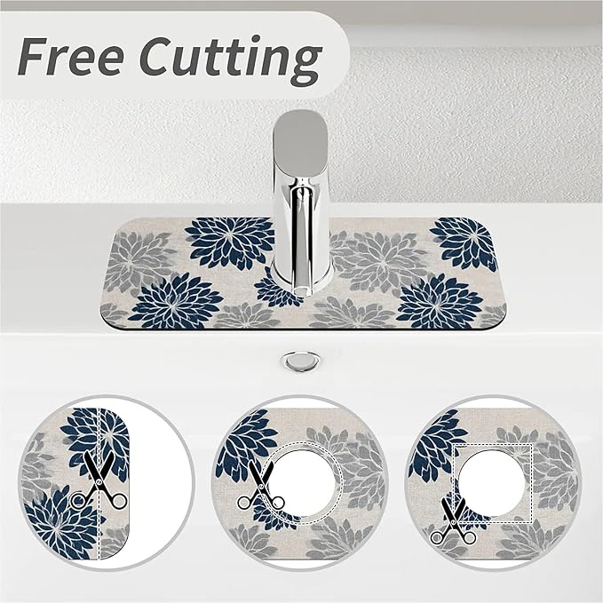 Kitchen Sink Splash Guard，Navy and gray floral Faucet Mat Sink Gadgets-Super Absorbent Fast Drying Mat Drip Catcher for Kitchen, Bathroom,Sink Mat, Dish Drying Mat, Bathroom(15" X 5.5" )