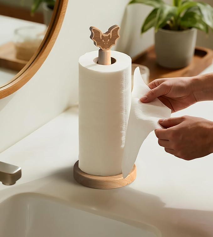 KitchLife Cute Wooden Paper Towel Holder Countertop - Solid Freestanding Paper Towel Dispenser Stand Organizer with Anti-Skid Base (Bat)