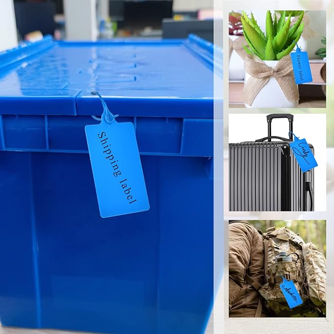 LeadSeals 100 Plastic Shipping Tags - Waterproof, Writable, Hanging Tags with One Marker Pen (Navy Blue)