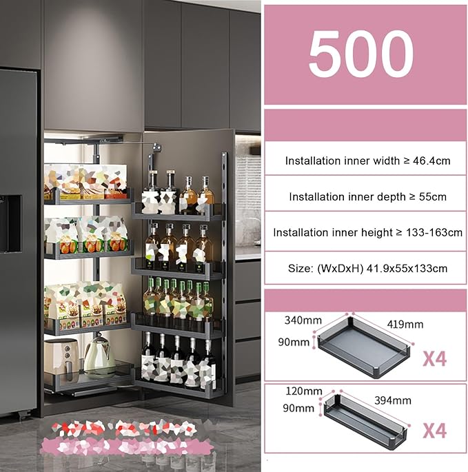 WIGING 4-Tier Narrow Cabinet Pull-Out Basket, High Cabinet Pull-Out Storage Rack with Adjustable Dividers for Kitchen Bathroom Pantry, Single-Layer Load Capacity: 15kg(41.9x55x133cm)