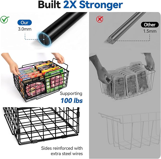 Reinforced Freezer Organizer Bins, 4 Pack Large Stackable Vertical Chest Deep Freezer Storage Containers, Thickened Black Wire Foldable Baskets with Handles