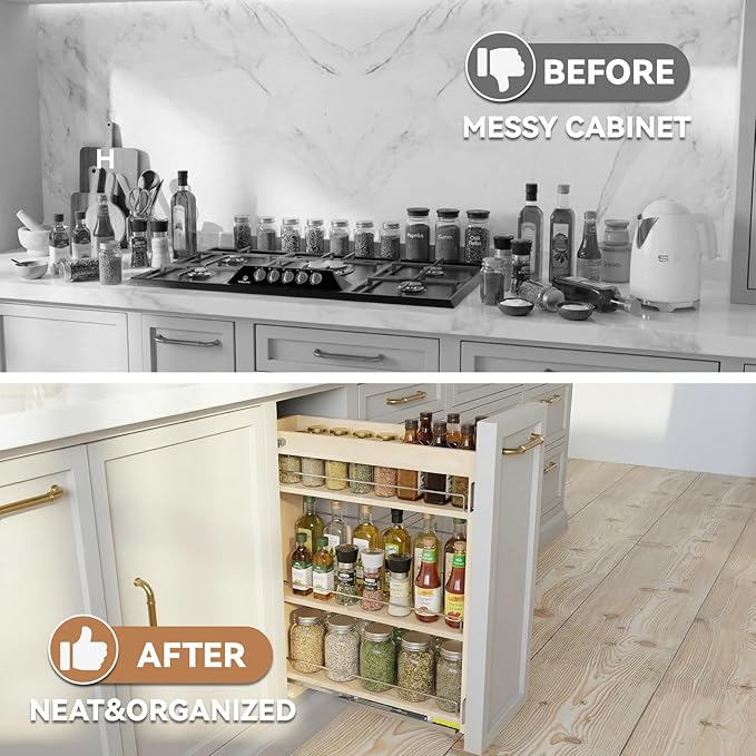 Pull Out Spice Rack Organizer for Cabinet (8" W x 22.3" D x 25.2" H), Sliding Spice Rack for Kitchen Cabinet, Wood Pull Out Cabinet Organizer for Multi-Use