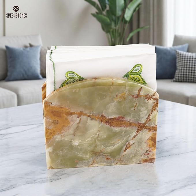 Marble Napkin Holder 6.5 Inch Handmade Green Stone Organizer for Tissue Paper & Cocktail Napkins, Ideal for Coffee Bar Table, Bathroom, Kitchen Countertop & Home Decor
