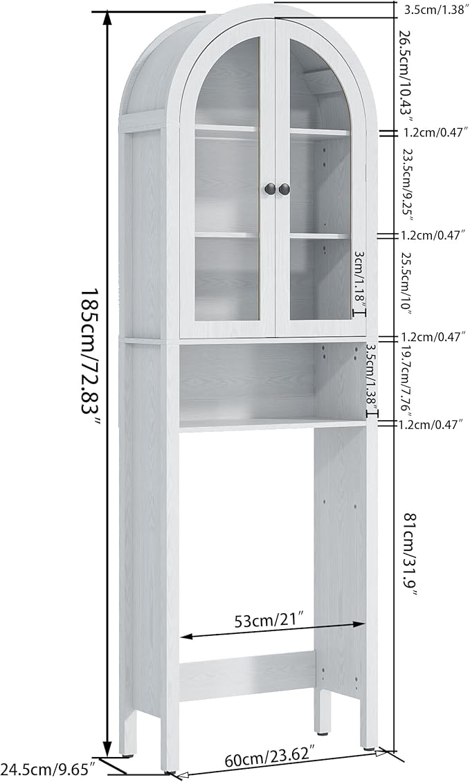 White Over The Toilet Storage Cabinet with Acrylic Doors, 4 Tier Small Bathroom Shelf Organizer, Arched Bathroom Cabinet with Adjustable Shelf, Slim Narrow Toilet Rack, Wood, Anti-Tipping Device