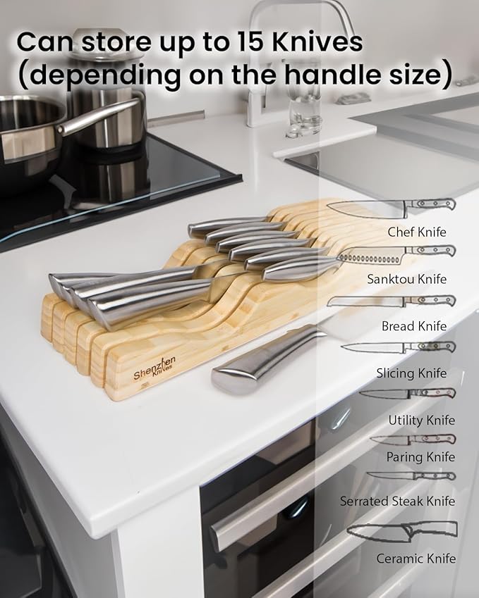 X-Large In-Drawer Bamboo Knife Block: 15 Slot (Holds 12-15 Knives) Empty Wooden Knife Holder for Kitchen Drawers - Cutlery Tray Organizer & Storage