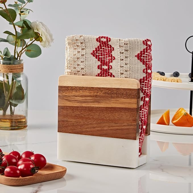 Marble Wood Napkin Holder, Square Heavy Duty Table Standing Tissue Dispenser, Handmade Natural Wood and Marble Tissue Holder, Napkin Dispenser for Home, Kitchen Countertop, Dining Room