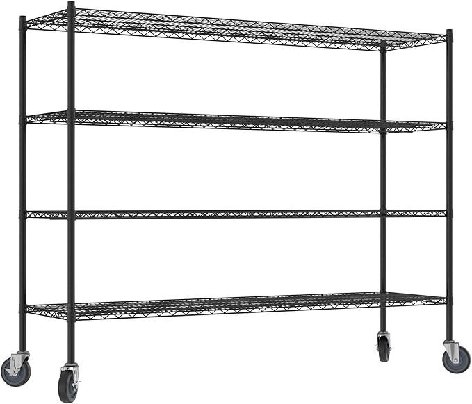 Commercial NSF Listed Black Epoxy Mobile Wire Shelving Kit 21" x 72" x 60", with 4 Shelves Perfect for Warehouse, Walk-in Refrigerator, Freezer, Grocery Store, Restaurant, Dishroom