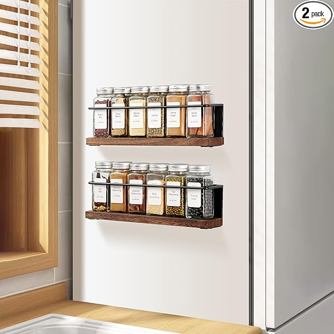 KitHero 2 Pack Strong Magnetic Spice Rack Organizer for Refrigerator and Microwave Oven, Metal Fridge Shelf, Space Saver for Kitchen Organization and Storage, Black