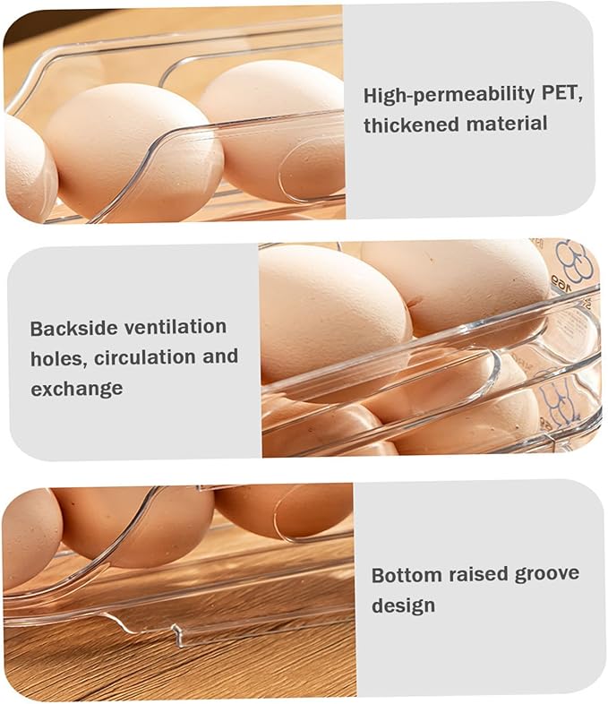 Egg Holder for Fridge, 2 Tier Automatic Scrolling Egg Storage Stackable Space-Saving Clear Plastic Fridge Container for Kitchen Restaurant