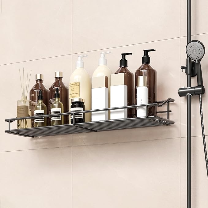 Orimade Adhesive Bathroom Shelf Organizer Shower Caddy Storage Basket Kitchen Spice Rack No Drilling SUS304 Stainless Steel Rustproof, 15.75 inch, Black