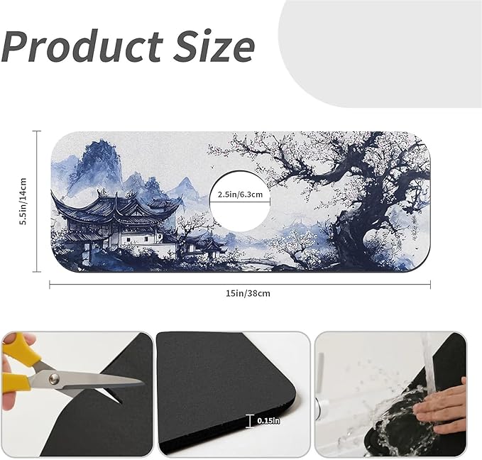 Kitchen Sink Splash Guard，Black White Ink Landscape Faucet Mat Sink Gadgets-Super Absorbent Fast Drying Mat Drip Catcher for Kitchen, Bathroom,Sink Mat, Dish Drying Mat, Bathroom(15" X 5.5" )