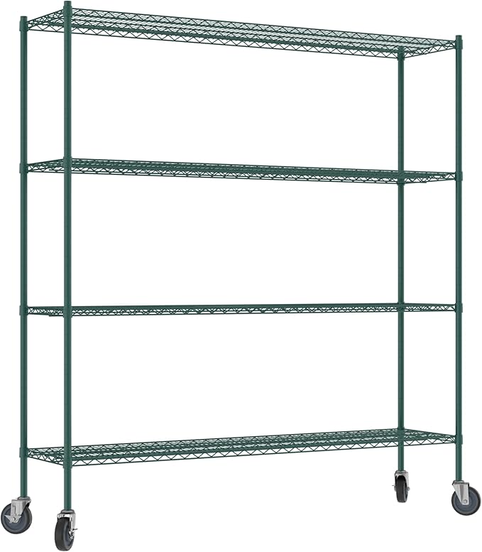 Commercial NSF Listed Green Epoxy Mobile Wire Shelving Kit 18" x 72" x 80", with 4 Shelves Perfect for Warehouse, Walk-in Refrigerator, Freezer, Grocery Store, Restaurant, Dishroom