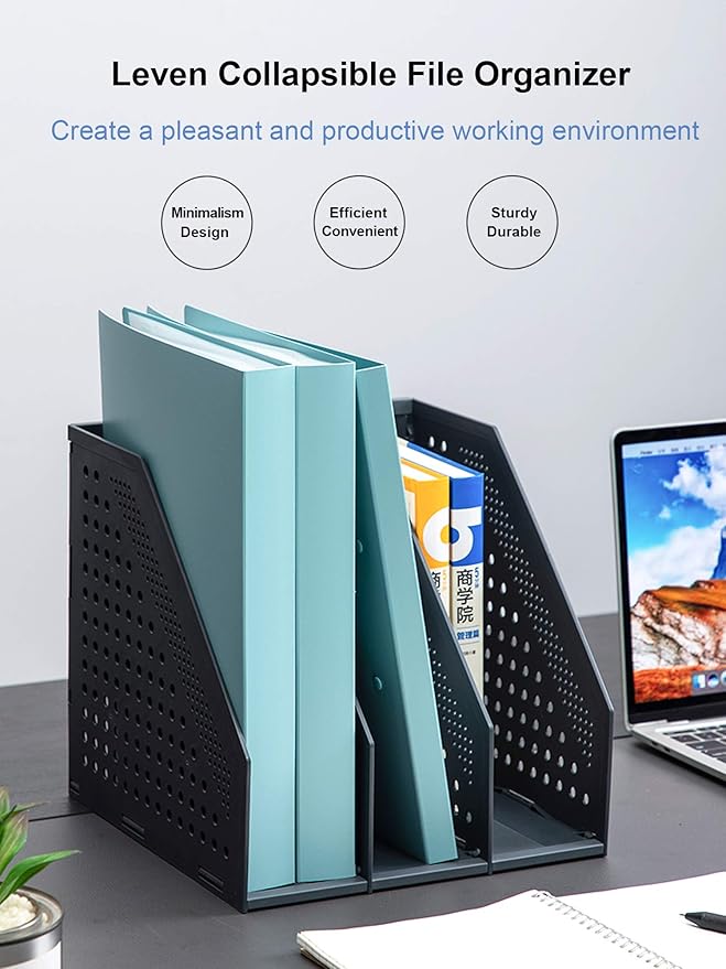 Leven Collapsible Magazine File Holder/Desk Organizer for Office Organization and Storage with 3 Vertical Compartments, Dark Grey,