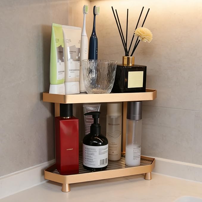 YUPER Corner Bathroom Counter Organizer, 2 Tier Countertop Corner Shelf for Perfume, Makeup Organizer, Skincare Organizers, Vanity Storage Tray for Bedroom, Bathroom Sink Shelf