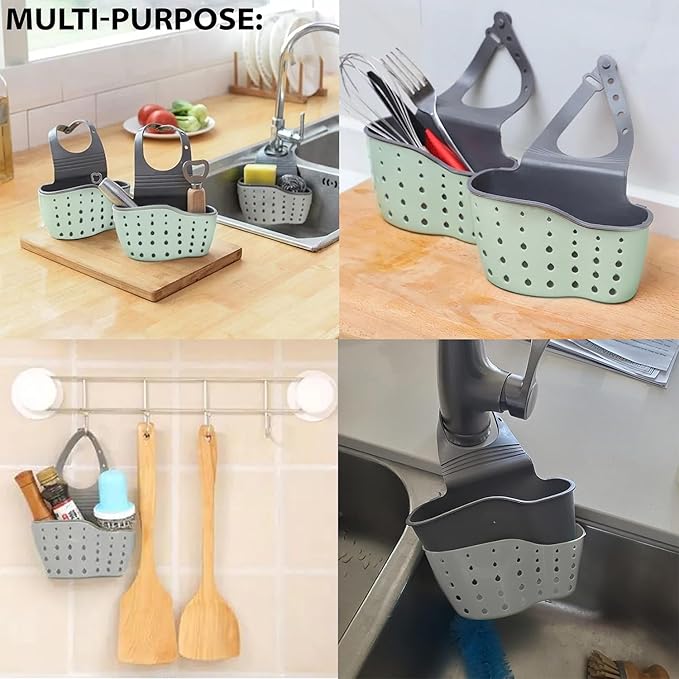 Kitchen Sink Caddy - Silicone Plastic Soap Sponge Holder - BPA-free Rack - Faucet Caddy with Drain Holes for Drying - Adjustable Hanging Strap (Light Green)