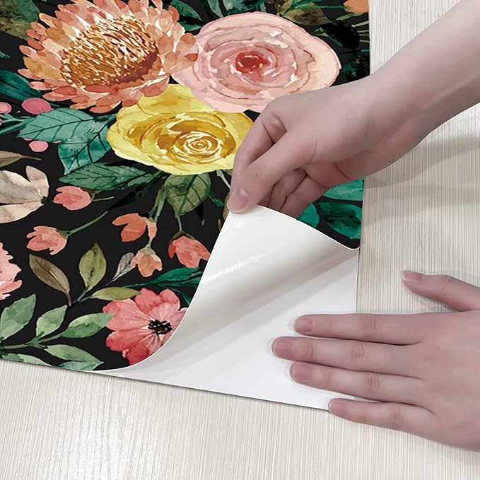 JiffDiff Blooming Floral Wallpaper Peel and Stick Pink Impressionist Floral Wall Mural Peony Roses Wallpaper Nursery Wall Decor (Black-Camellia, 17.7" X 393.7")