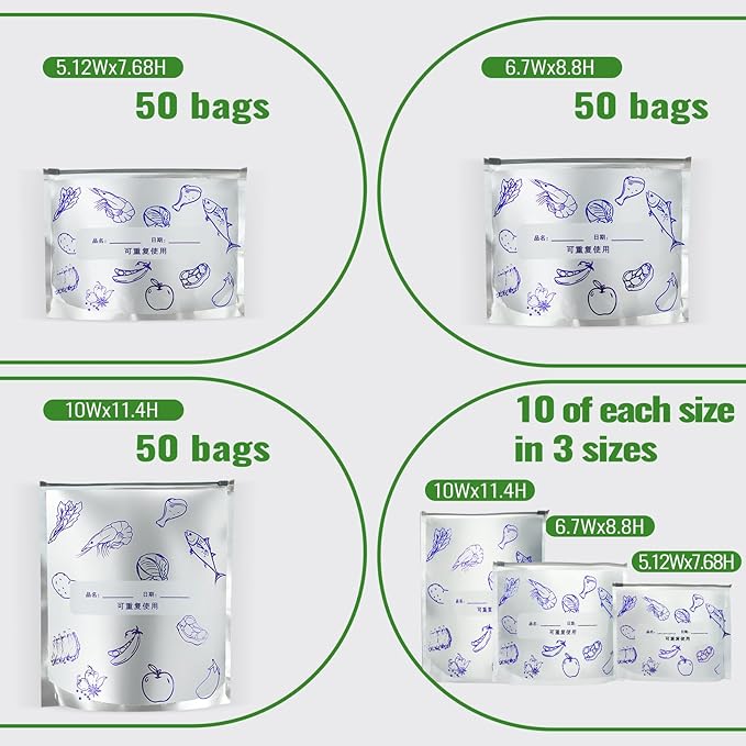 Reusable Aluminum Foil Food Storage Bags, Foil Storage Bags for Food, Reusable Food Storage Bags for Freezer & Refrigerator, Reduce Waste, Keep Food Fresh, Writable Label(50-Pack, 10Wx11.4H)