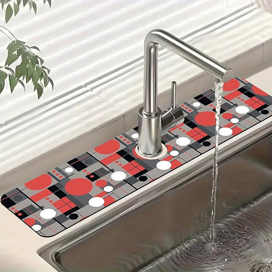Abstract Geometric Sink Splash Guard Faucet Mat Vintage Tile Super Absorbent Fast Drying Mat Sink Gadgets-Splash Guard Behind Faucet Drip Catcher for Kitchen Bathroom, 23.5"x5.5"