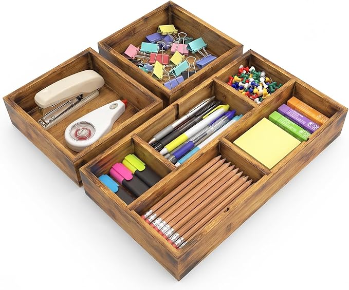 KOCWELL Bamboo Desk Drawer Organizer with Removable Dividers,Multi-Use Office Drawer Organizer Tray,Junk Drawer Organizers for Office,School,Kitchen,Makeup Supply（Carbon Brown）