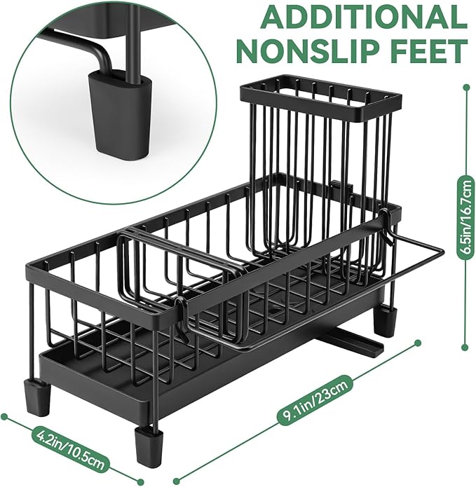 Sponge Holder for Kitchen Sink with Tall Brush Holder and Dishcloth Rack, Rustproof Stainless Steel Sink Caddy, Kitchen Countertop Organizers and Soap Dispenser.