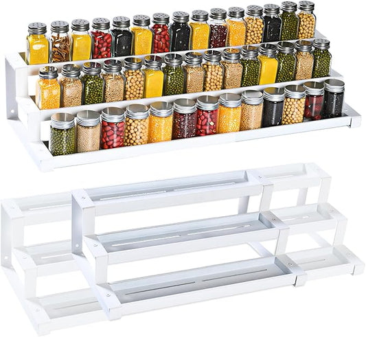 3-Tier Spice Rack Organizer for Kitchen Cabinet or Pantry, 16"-29" Expandable Spice Organization Shelf, Seasoning Organizer, Metal Display Shelf, Slip-Resistant Design for Jars and Bottles, White