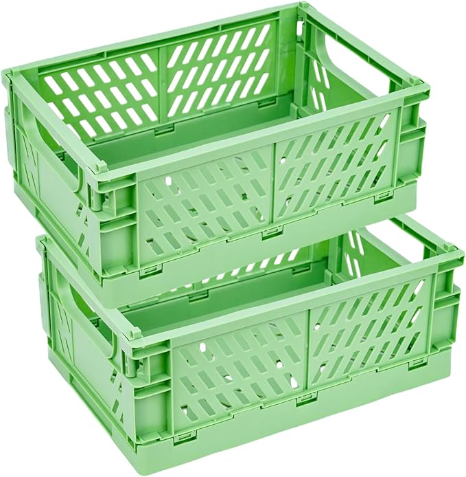2 Pack Plastic Storage Collapsible Crate Organizer Basket Bin for Organizing Desk Drawer Shelf for Home Kitchen Bedroom Bathroom and Dorm Storage, 9.8x6.5x3.8in, Green