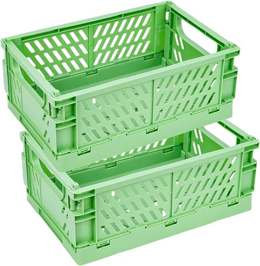 2 Pack Plastic Storage Collapsible Crate Organizer Basket Bin for Organizing Desk Drawer Shelf for Home Kitchen Bedroom Bathroom and Dorm Storage, 9.8x6.5x3.8in, Green