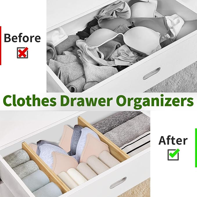 6 pcs Large Bamboo Drawer Dividers, Expandable 17"-22" Wooden Organizers for Kitchen, Office, Dresser, Bedroom, Clothes