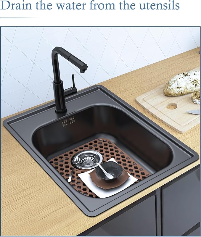 BEHOK 2 Pack Silicone Sink Protector for Kitchen Sink Bathroom, 13.58" x 11.6" Heat-resistant Sink Mat Non-Slip and Durable Silicone Protectors, Rear Drain, Coffee