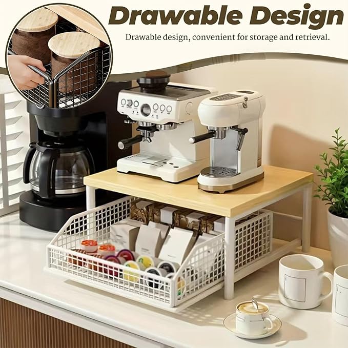 Kitchen Countertop Organizer with Drawer and Wire Basket, 2-Tier Hardwood Shelf for Microwave, Sturdy Hardwood Shelf, Space-Saving, for Storage in Family Tables, Kitchens, Bedroom Home (1, A-4)