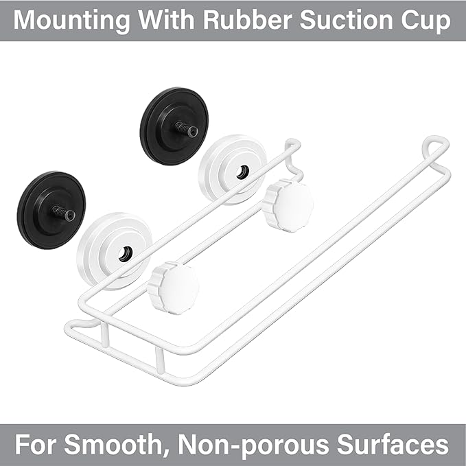 HASKO Suction Cup Paper Towel Holder, Wall Mount Metal Organizer for Bathroom & Kitchen, SUS 304 Stainless Steel Tissue Roll Hanger, Includes Optional No Drill Adhesive Mount, White