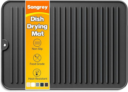 Songrey 14" x 10" Silicone Dish Drying Mat, Kitchen Counter Drying Pad for Sink Dishes or Under Rack, Multi-Use as Heat Resistant Trivet, Coffee Bar Mat