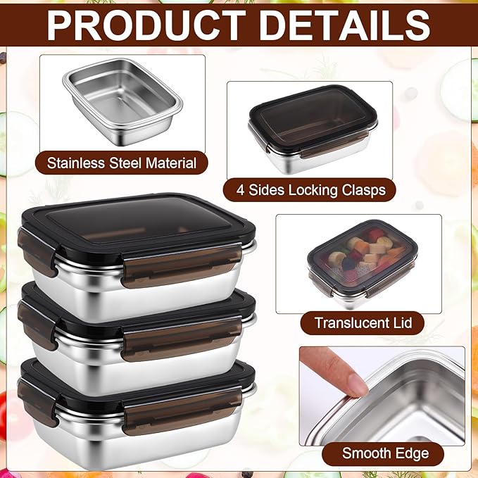 Acellegic 12 Pcs 304 Stainless Steel Food Storage Containers with Lid, Airtight Metal Food Containers Reusable Stackable Bento Meal Lunch Box Freezer/Dishwasher Safe for Kitchen Travel(19oz/ 550 ml)