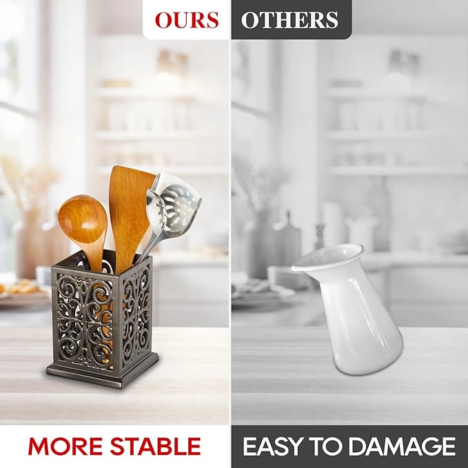 jogreful Utensil Holder, Cast Iron Kitchen Utensil Crock for Countertop, Extra Large Utensil Organizer with Weighted-Base, Housewarming Vintage Decor, Classic Style, Coffee Gold