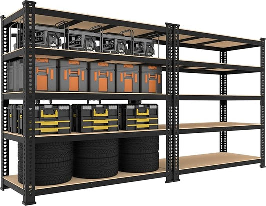 5 Tier Garage Storage Shelves - 48" W x 18" D x 71" H Heavy Duty Adjustable Shelving Unit, Metal Organizer Utility Rack for Basement, Pantry, Kitchen, Black, 2 PCS