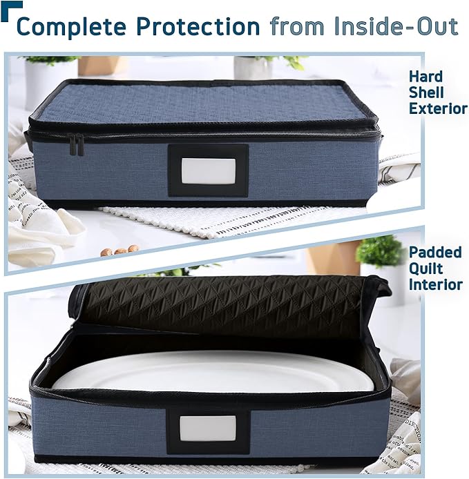 Platter Storage Case – Fine China Storage Containers Hard Shell, Quilted and Stackable 16”x 12.5”x 3.5” Platter Storage Container with Handles and Felt Dividers for Moving and Seasonal Storage, Blue