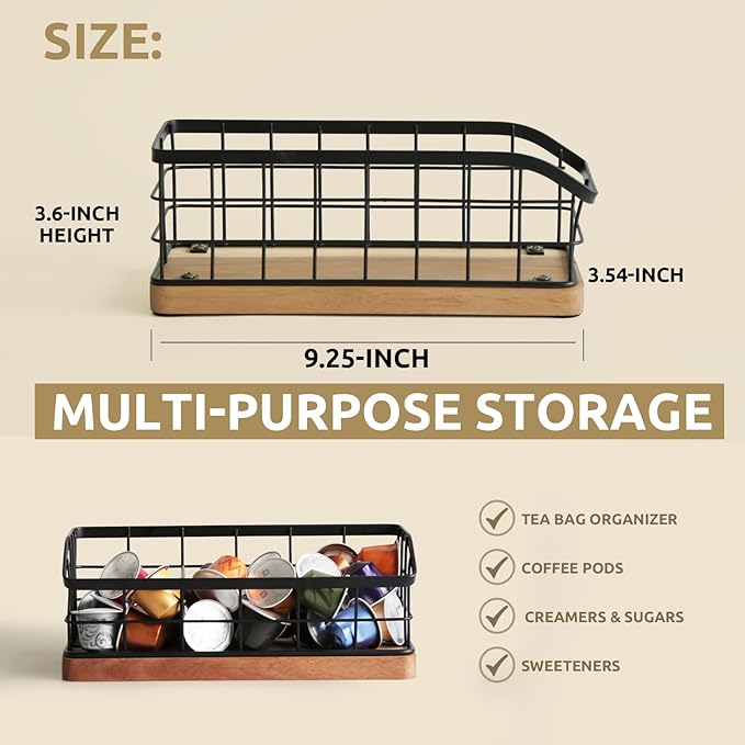 Tea Bag Organizer,Iron Wire Basket with Wooden Base.Tea Storage Containers with 3 Slots,Sugar Packet,Tea Bar Accessories for Countertop Cabinet Drawer. (WOOD,VERTICAL)