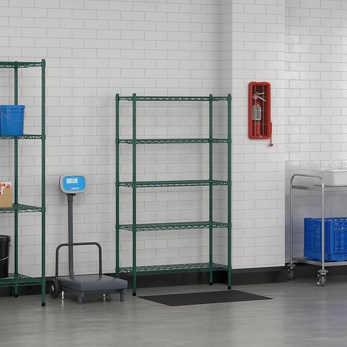 Commercial NSF Listed Green Epoxy Stationary Wire Shelving Kit 14" x 36" x 64", with 5 Shelves Perfect for Warehouse, Walk-in Refrigerator, Freezer, Grocery Store, Restaurant, Dishroom