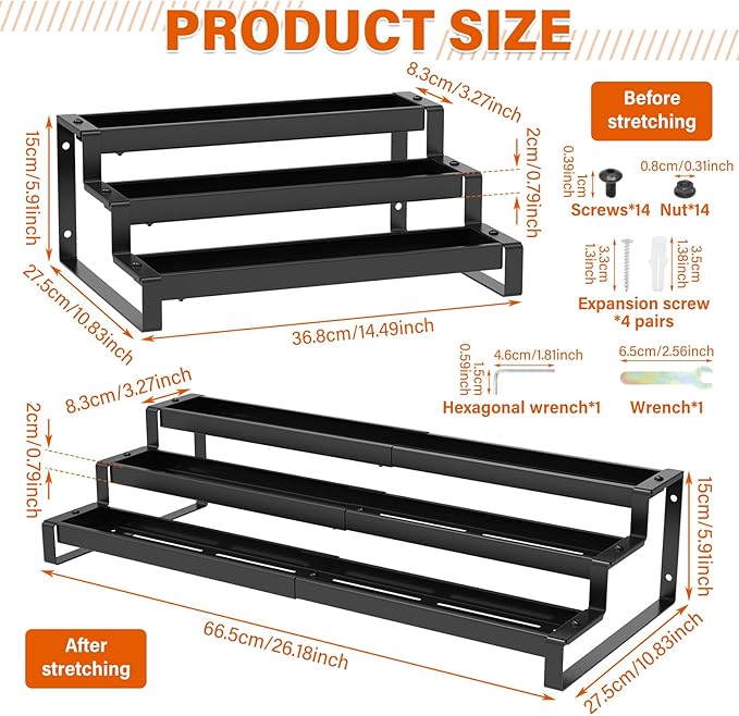 3-Tier Spice Rack Organizer for Cabinet,14.5"-26" Expandable Spice Organize Shelf,Carbon Steel Display Shelf for Jars and Bottles, Seasoning Organizer for Kitchen Pantry Countertop