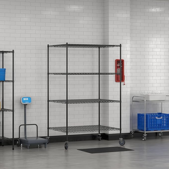 Commercial NSF Listed Black Epoxy Mobile Wire Shelving Kit 36" x 48" x 80", with 4 Shelves Perfect for Warehouse, Walk-in Refrigerator, Freezer, Grocery Store, Restaurant, Dishroom