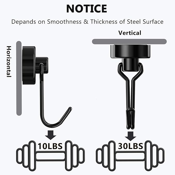 Tohoer Magnetic Hooks, Neodymium Magnets Hook Heavy Duty 30LBS with Rust Proof for Fridge, Refrigerator, Oven, Grill, BBQ, Key, Tools Holder, Utensil, Kitchen, Outdoor, Magnet for Hanging Wreaths